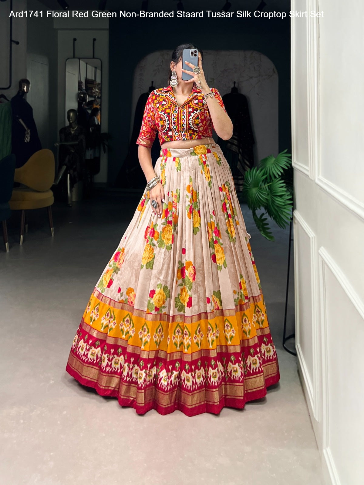 Ard1741 Floral Red Green Non-Branded Staard Tussar Silk Croptop Skirt Set