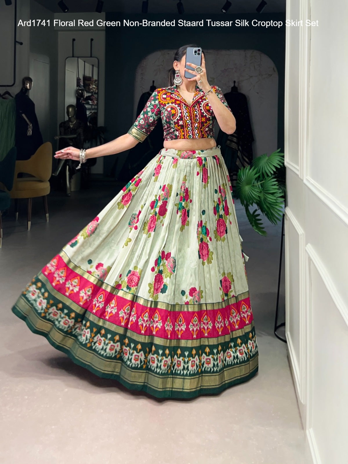 Ard1741 Floral Red Green Non-Branded Staard Tussar Silk Croptop Skirt Set