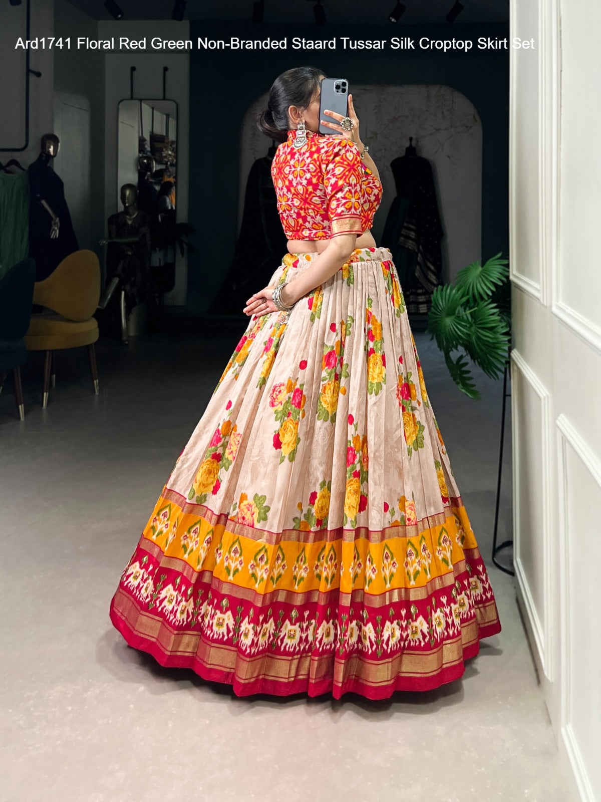 Ard1741 Floral Red Green Non-Branded Staard Tussar Silk Croptop Skirt Set
