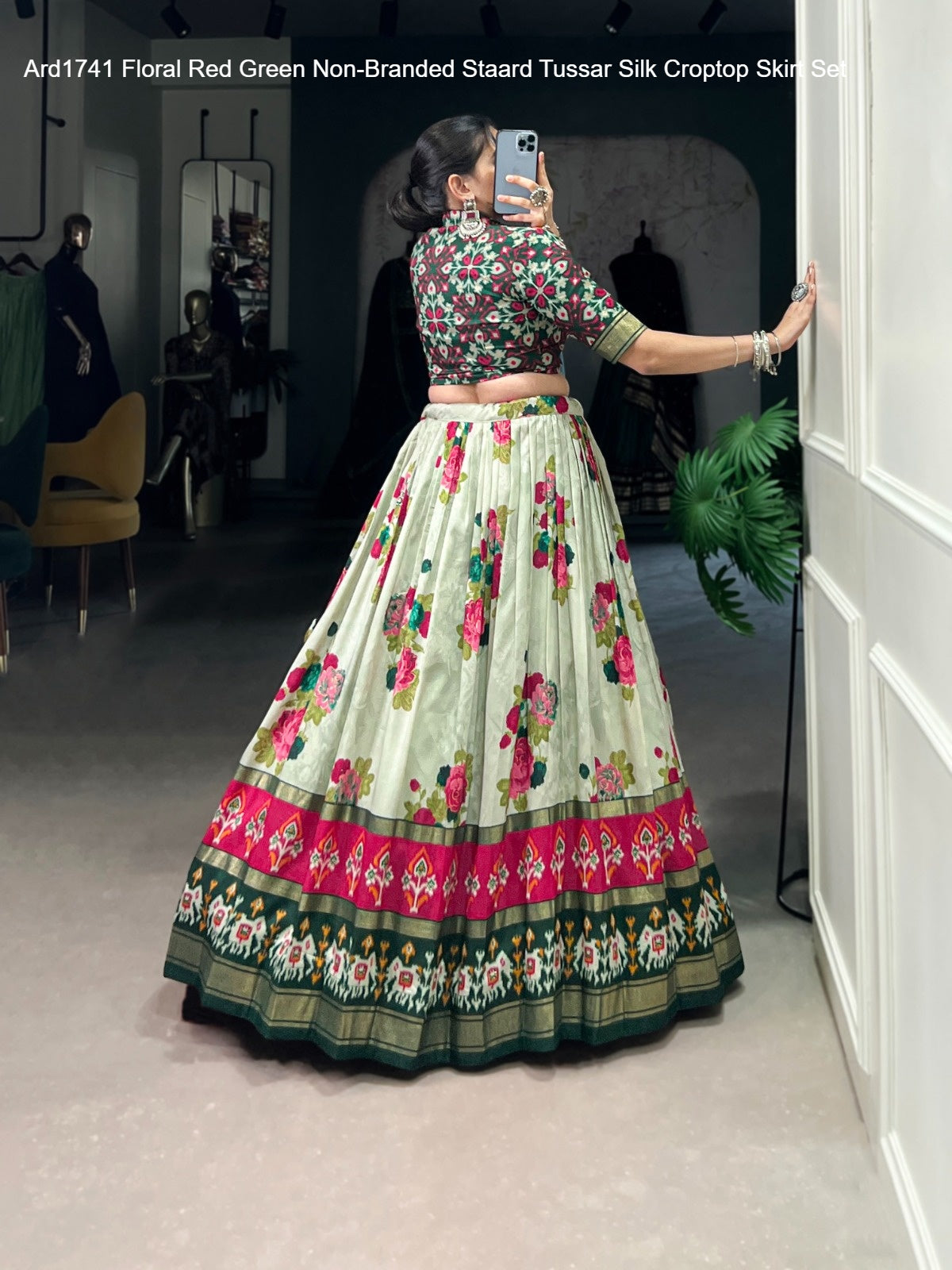 Ard1741 Floral Red Green Non-Branded Staard Tussar Silk Croptop Skirt Set
