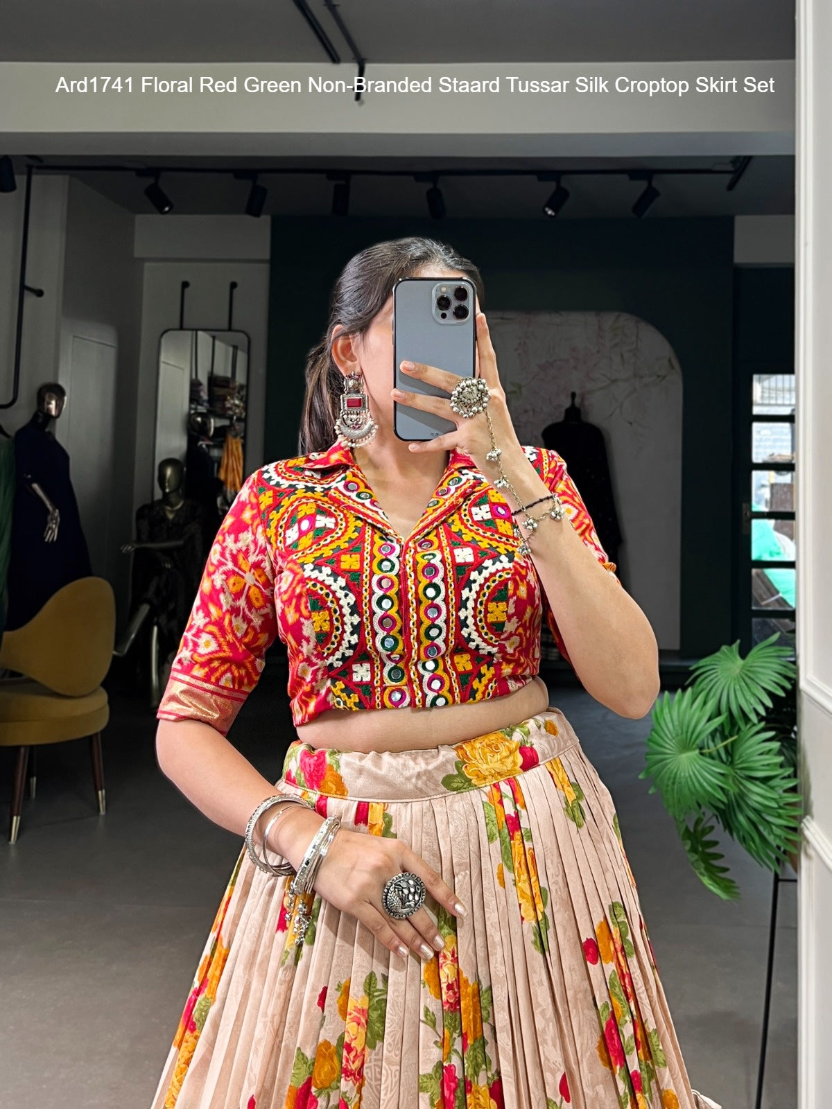 Ard1741 Floral Red Green Non-Branded Staard Tussar Silk Croptop Skirt Set