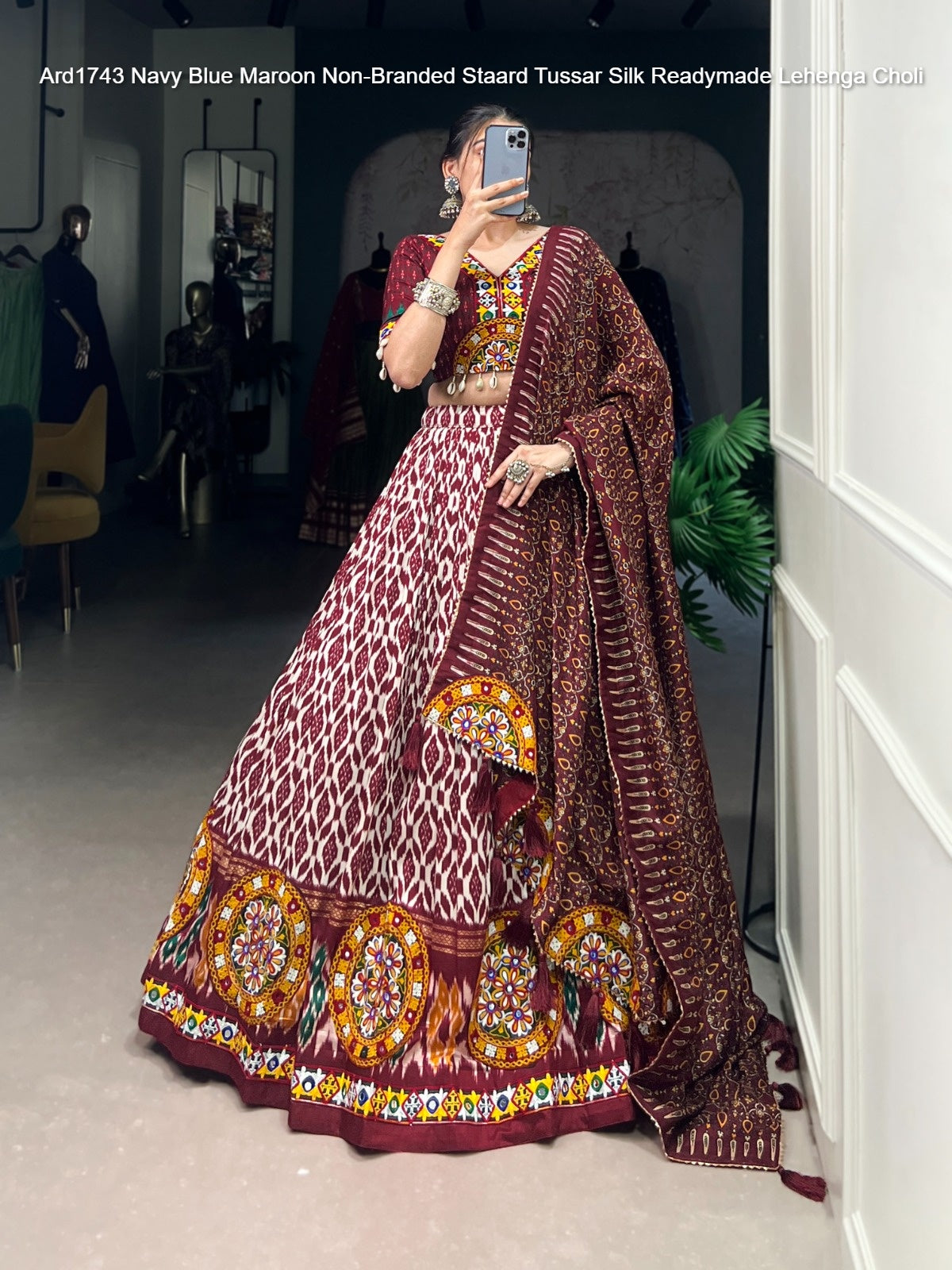Ard1743 Navy Blue Maroon Non-Branded Staard Tussar Silk Readymade Lehenga Choli