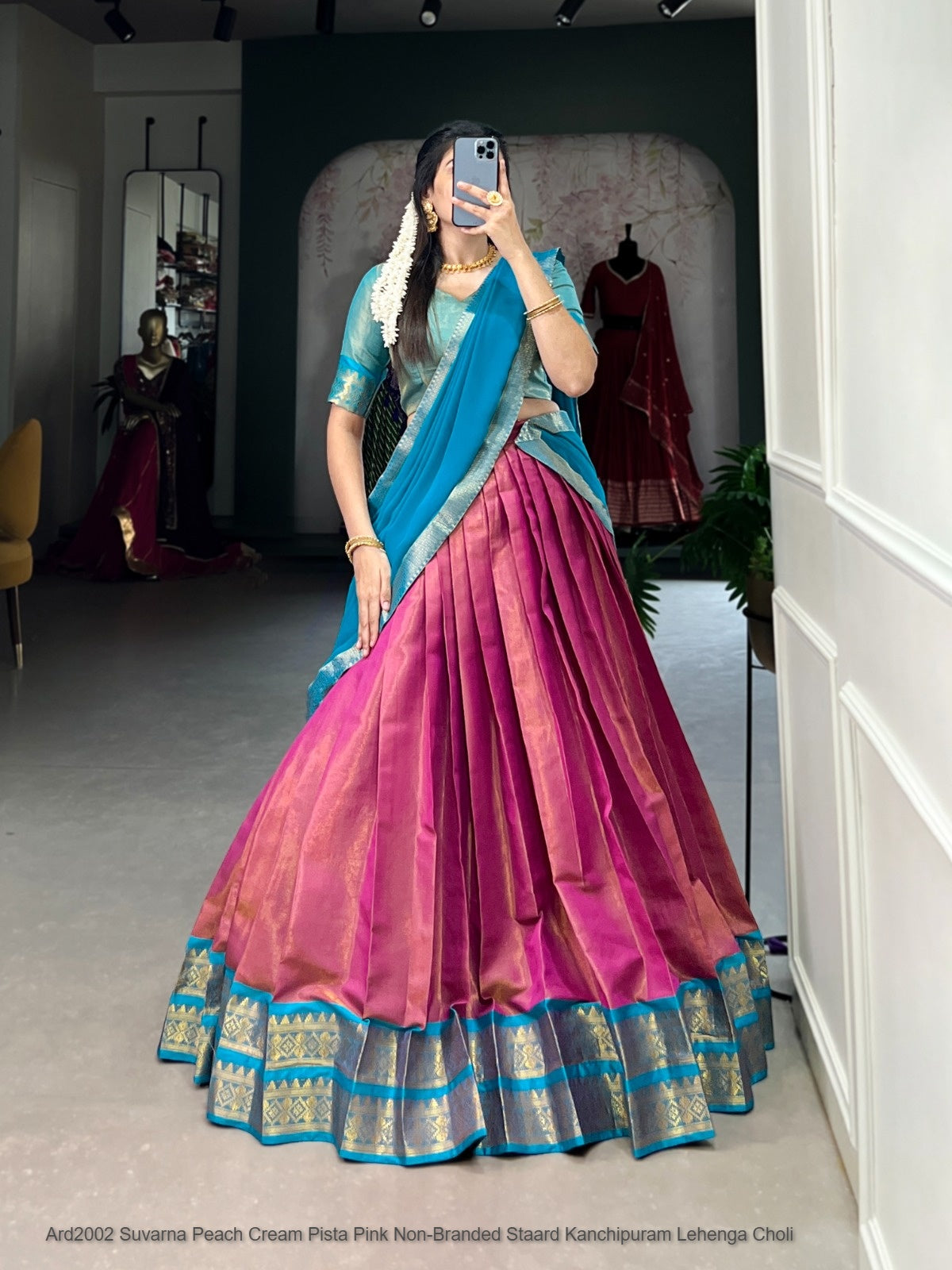 Ard2002 Suvarna Peach Cream Pista Pink Non-Branded Staard Kanchipuram Lehenga Choli