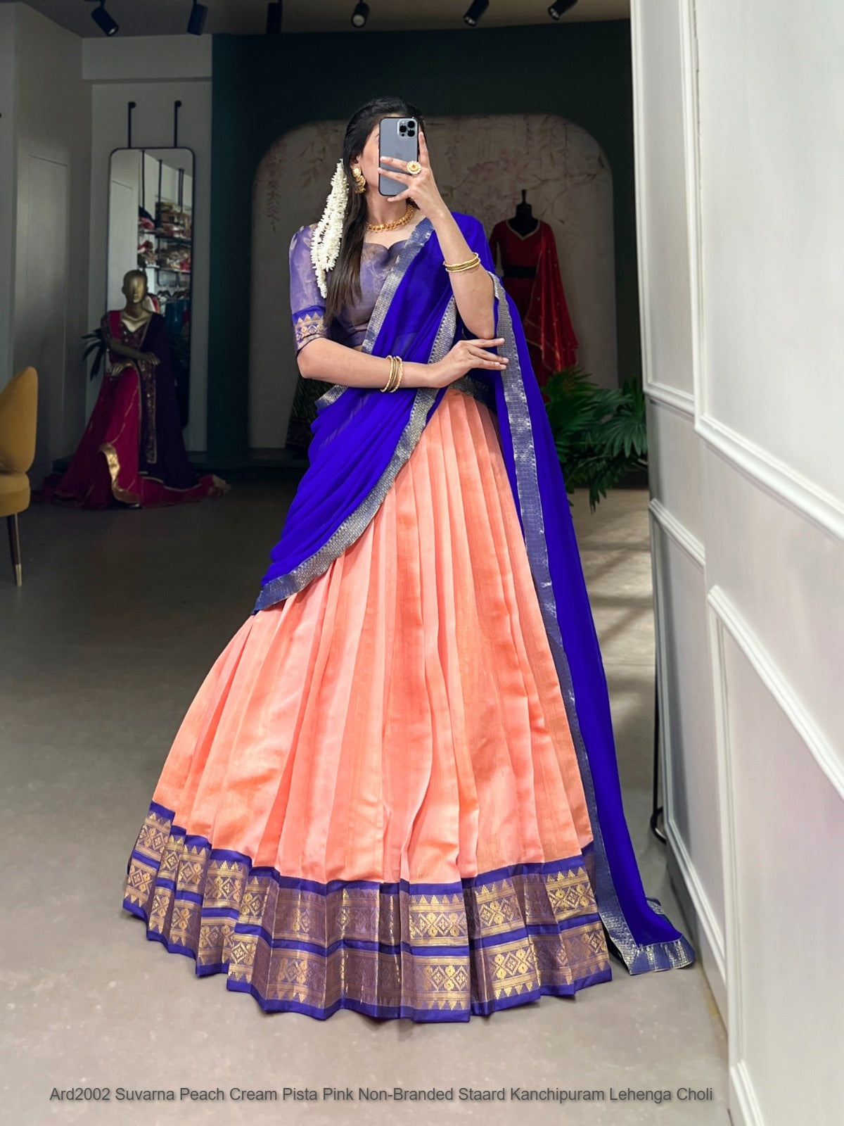 Ard2002 Suvarna Peach Cream Pista Pink Non-Branded Staard Kanchipuram Lehenga Choli