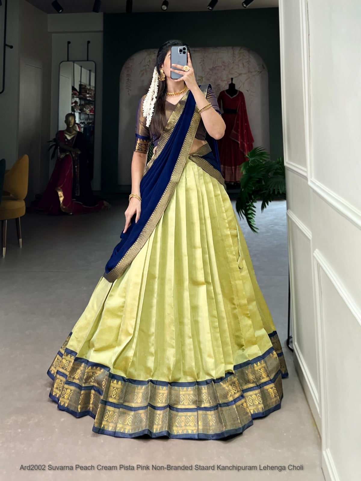Ard2002 Suvarna Peach Cream Pista Pink Non-Branded Staard Kanchipuram Lehenga Choli