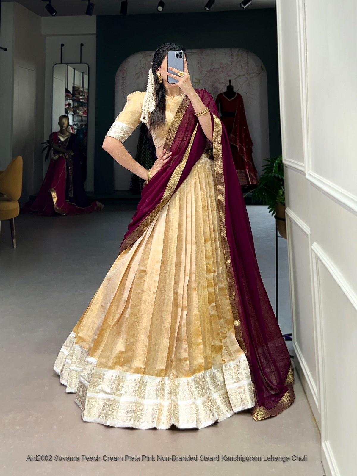 Ard2002 Suvarna Peach Cream Pista Pink Non-Branded Staard Kanchipuram Lehenga Choli
