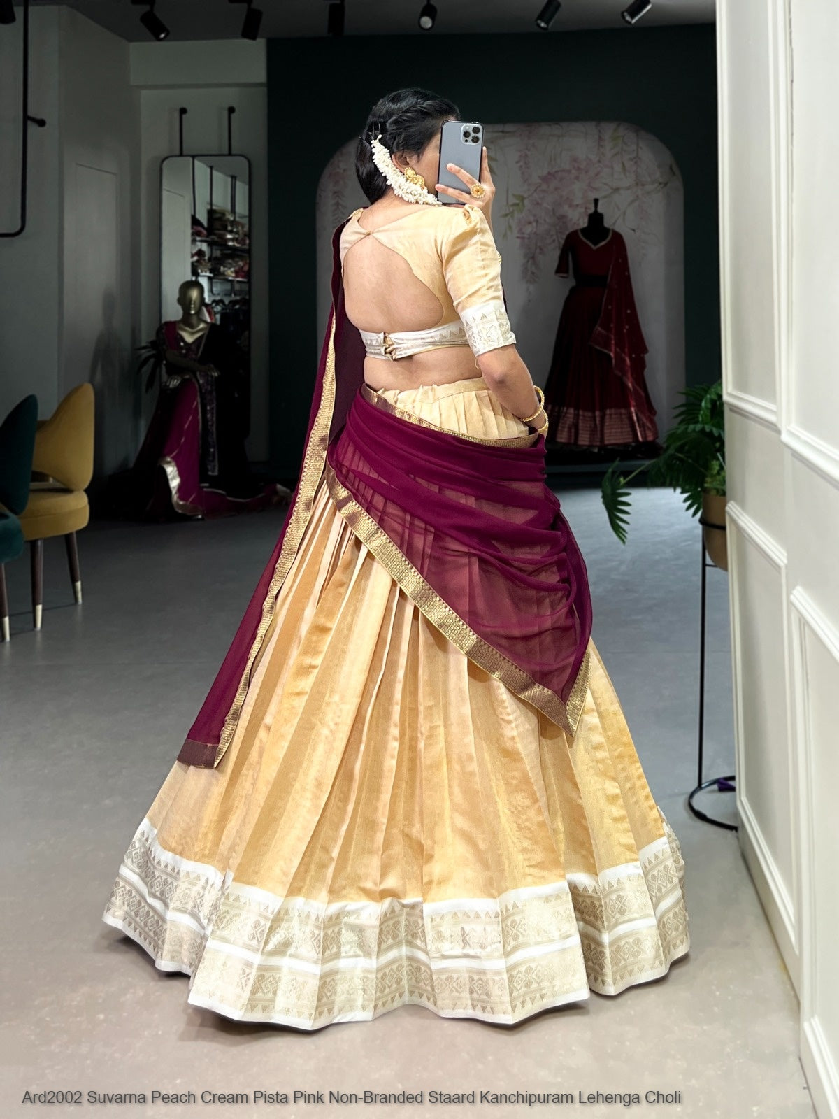 Ard2002 Suvarna Peach Cream Pista Pink Non-Branded Staard Kanchipuram Lehenga Choli