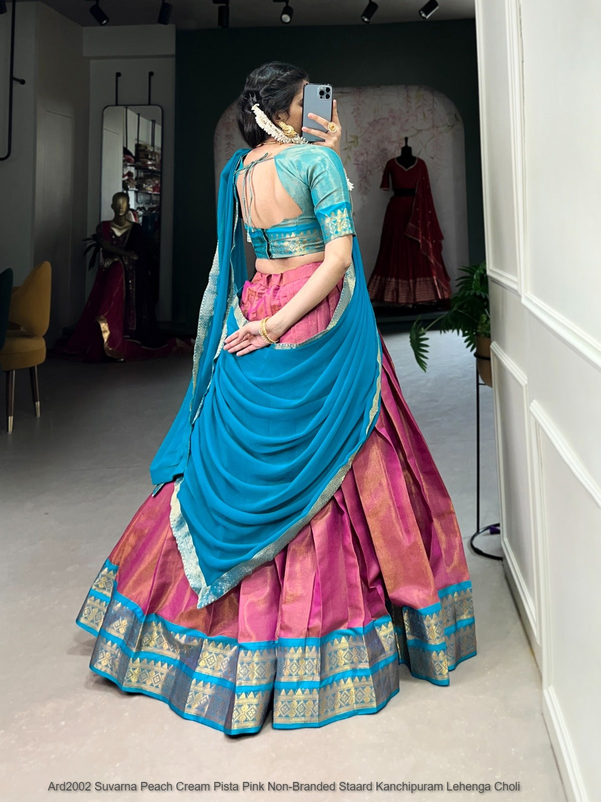 Ard2002 Suvarna Peach Cream Pista Pink Non-Branded Staard Kanchipuram Lehenga Choli