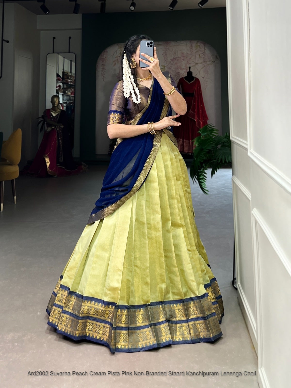 Ard2002 Suvarna Peach Cream Pista Pink Non-Branded Staard Kanchipuram Lehenga Choli