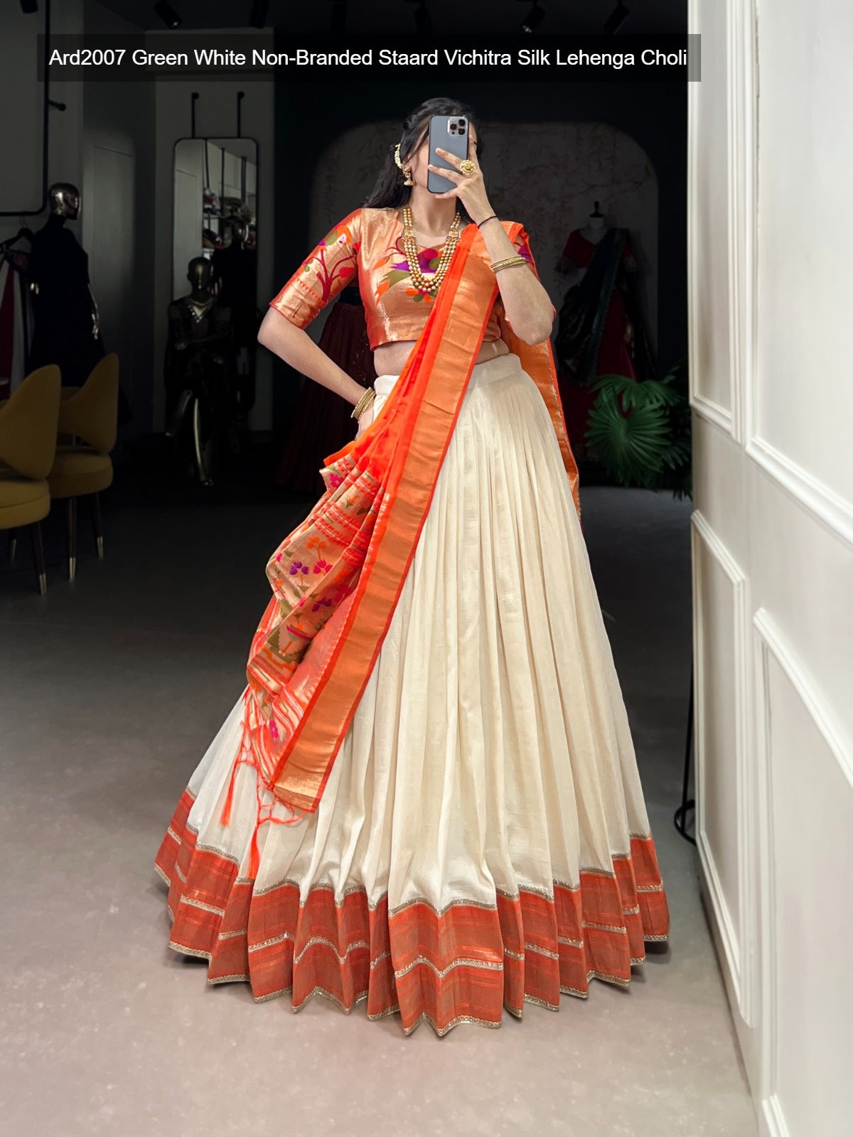 Ard2007 Green White Non-Branded Staard Vichitra Silk Lehenga Choli