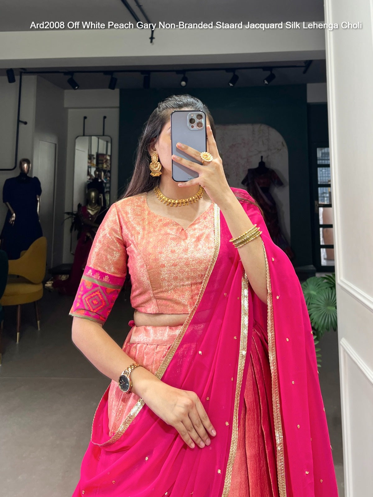 Ard2008 Off White Peach Gary Non-Branded Staard Jacquard Silk Lehenga Choli