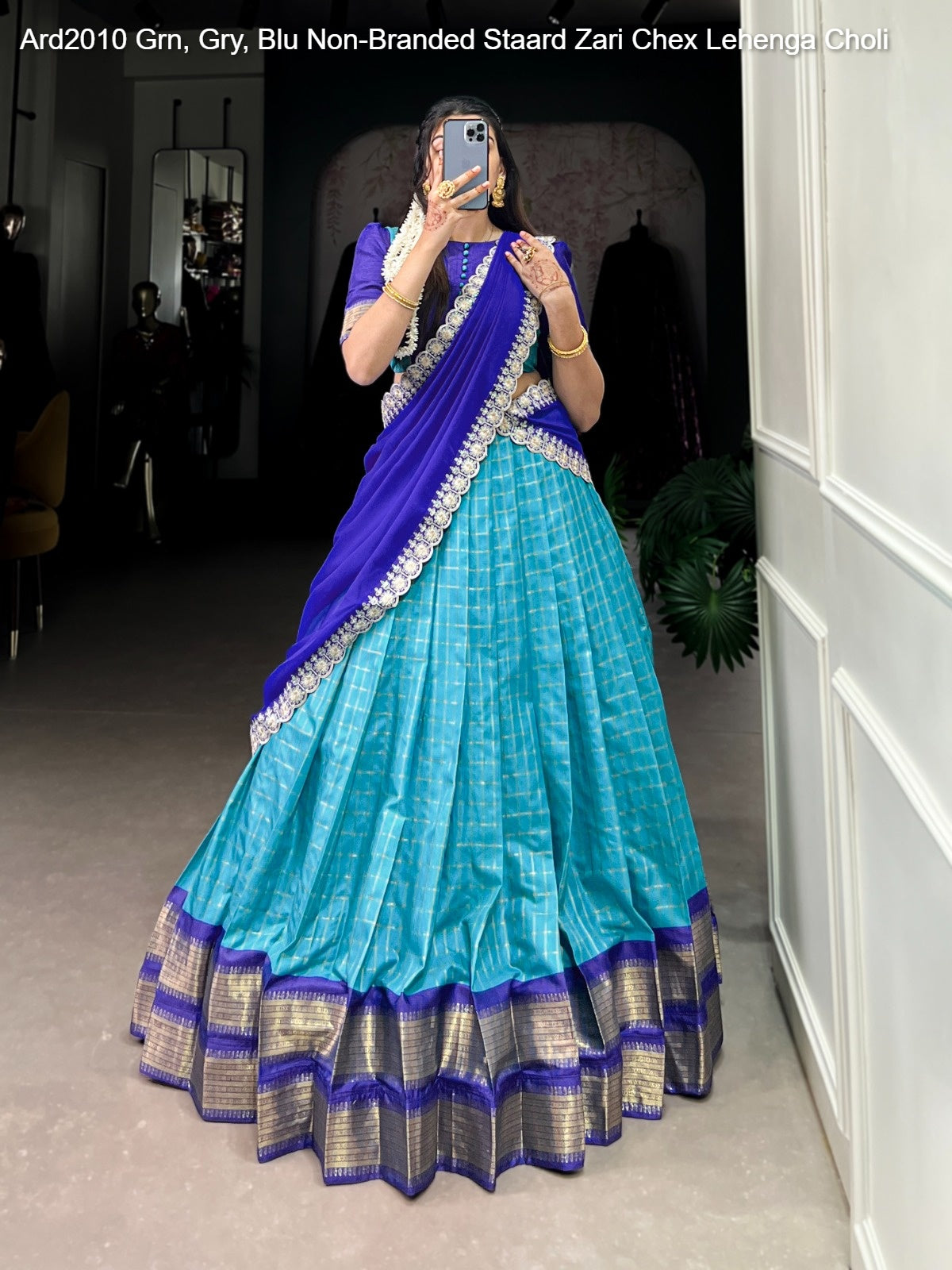 Ard2010 Grn, Gry, Blu Non-Branded Staard Zari Chex Lehenga Choli