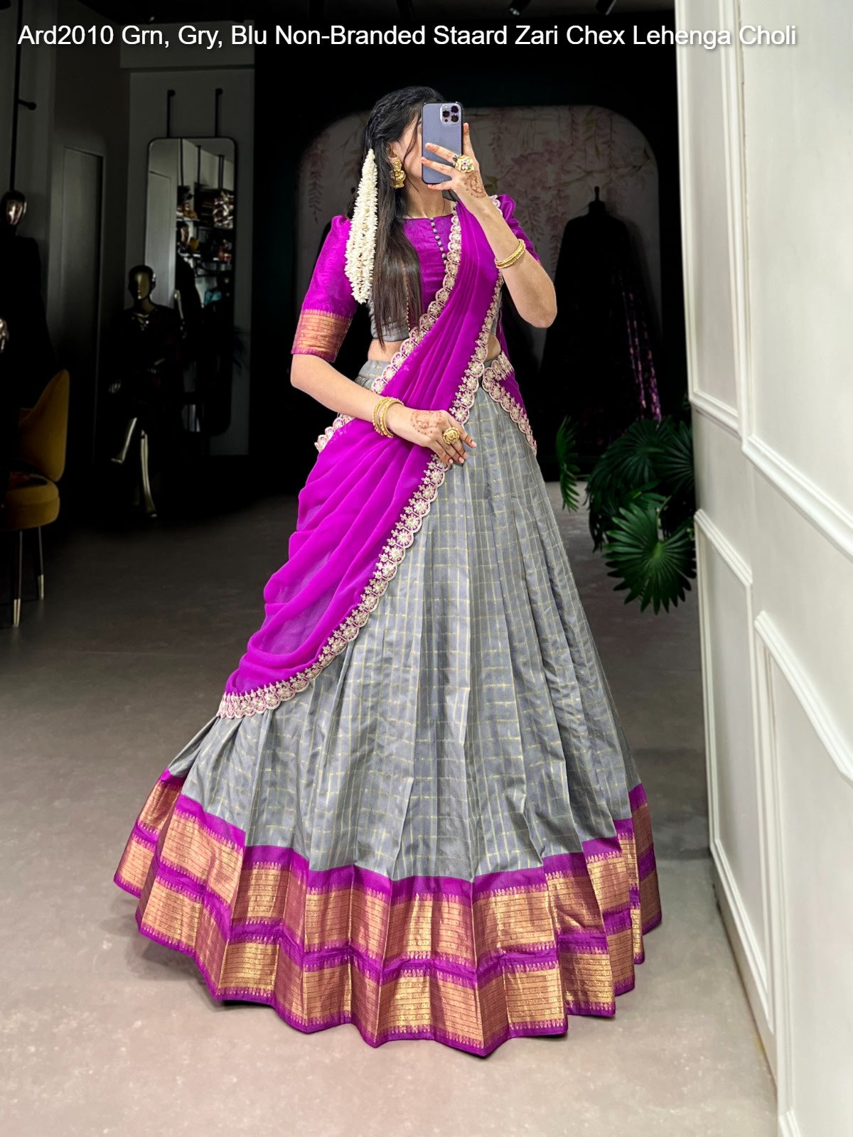 Ard2010 Grn, Gry, Blu Non-Branded Staard Zari Chex Lehenga Choli