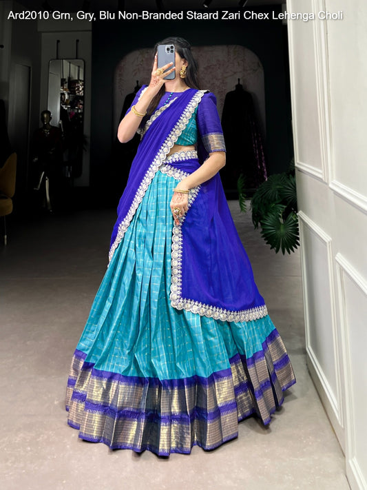 Ard2010 Grn, Gry, Blu Non-Branded Staard Zari Chex Lehenga Choli