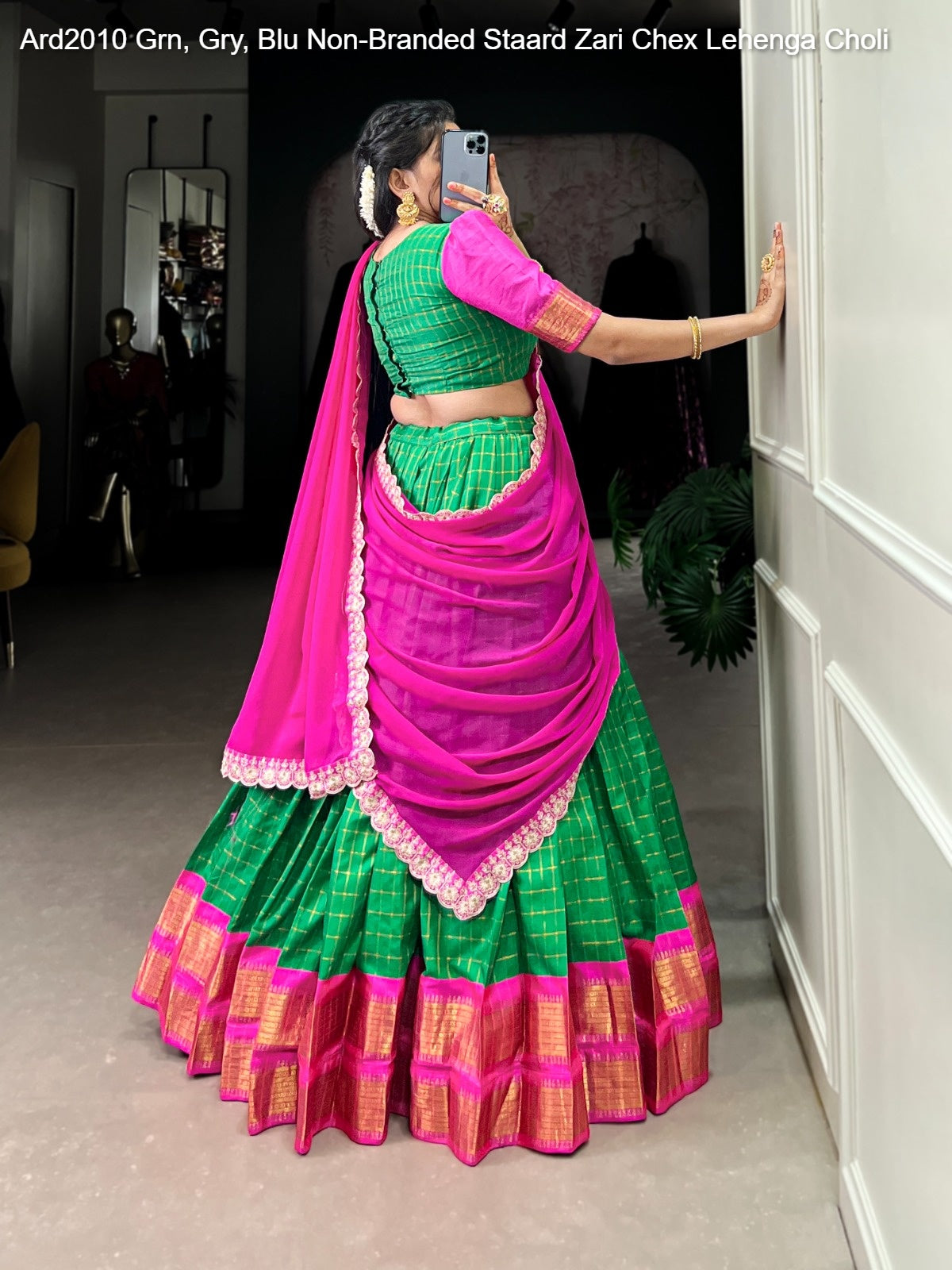 Ard2010 Grn, Gry, Blu Non-Branded Staard Zari Chex Lehenga Choli