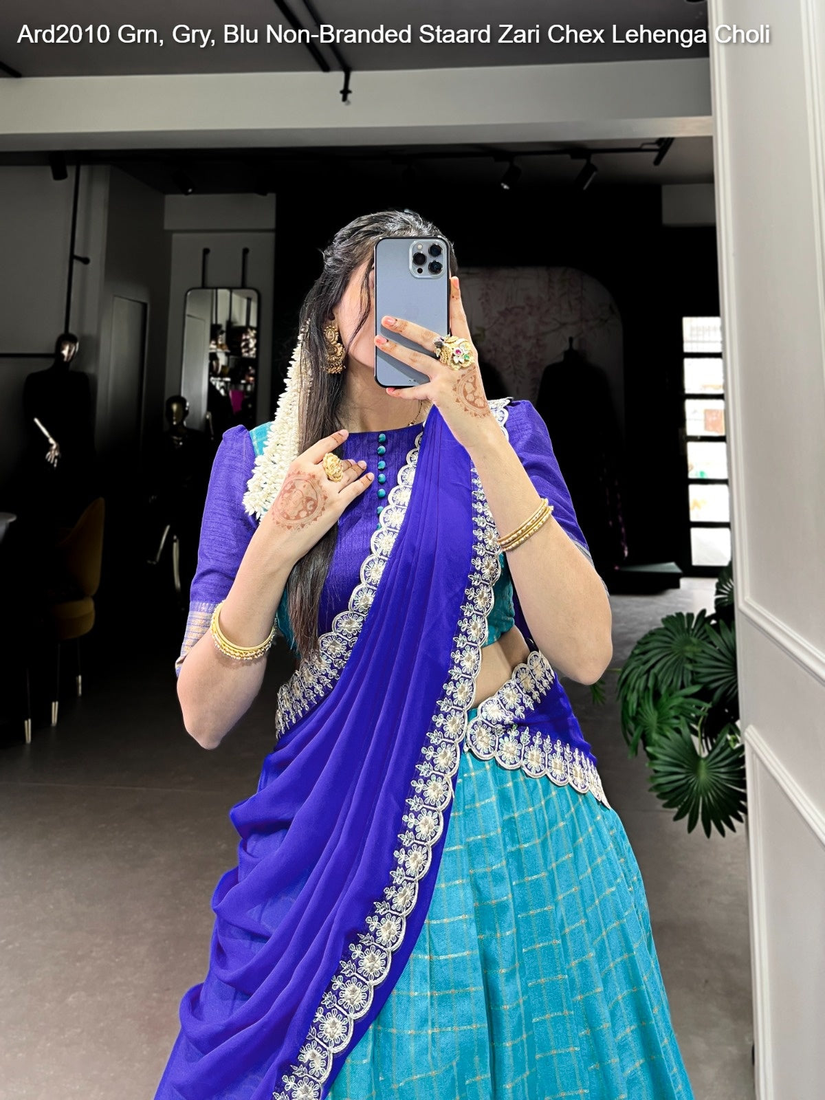 Ard2010 Grn, Gry, Blu Non-Branded Staard Zari Chex Lehenga Choli