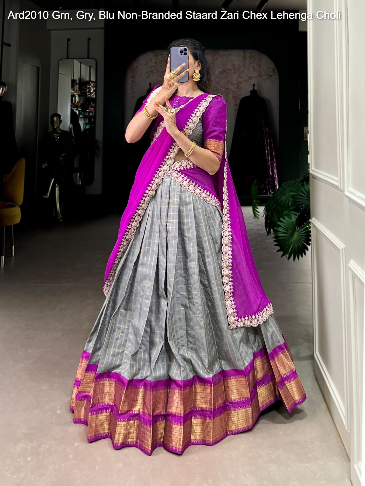 Ard2010 Grn, Gry, Blu Non-Branded Staard Zari Chex Lehenga Choli