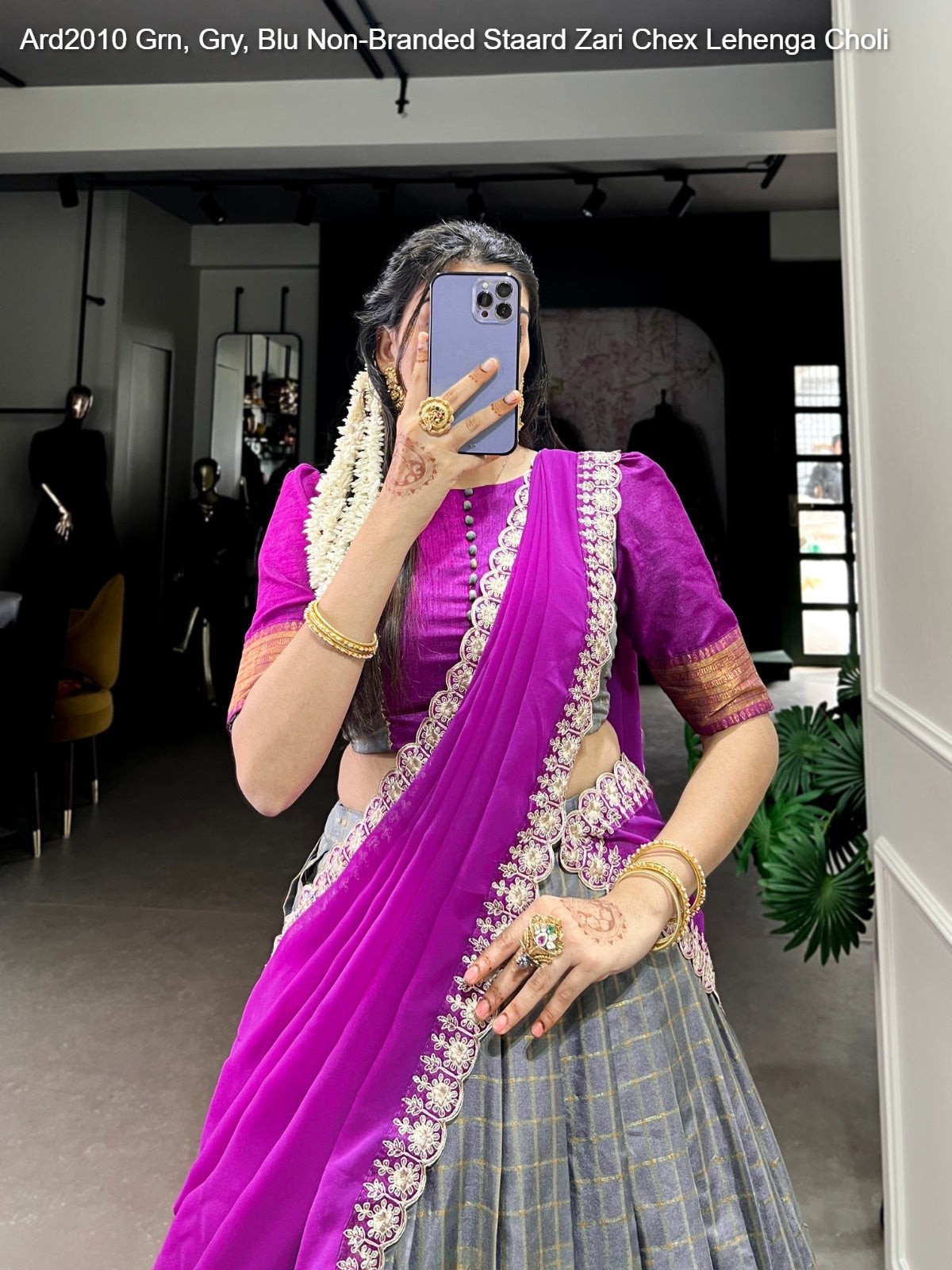 Ard2010 Grn, Gry, Blu Non-Branded Staard Zari Chex Lehenga Choli