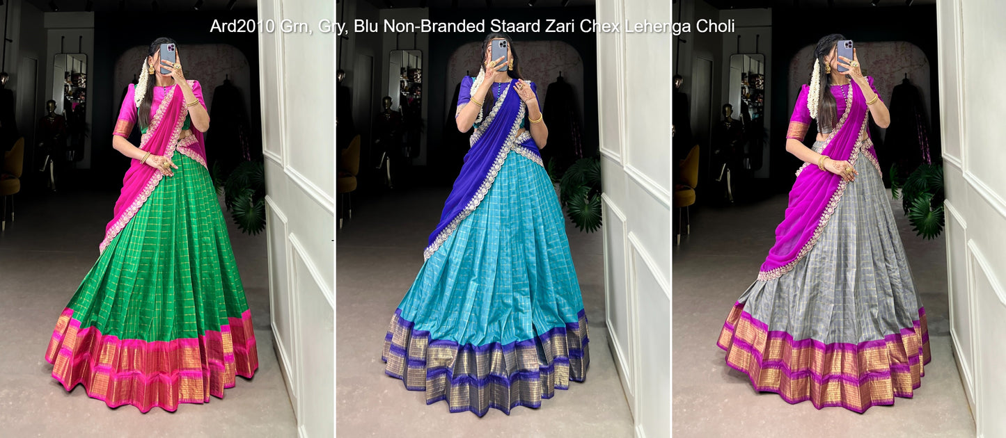 Ard2010 Grn, Gry, Blu Non-Branded Staard Zari Chex Lehenga Choli