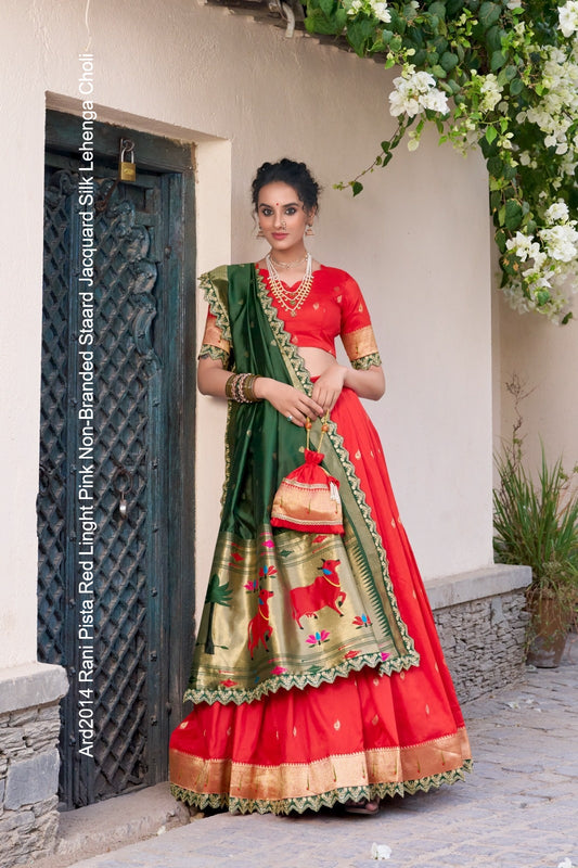 Ard2014 Rani Pista Red Linght Pink Non-Branded Staard Jacquard Silk Lehenga Choli