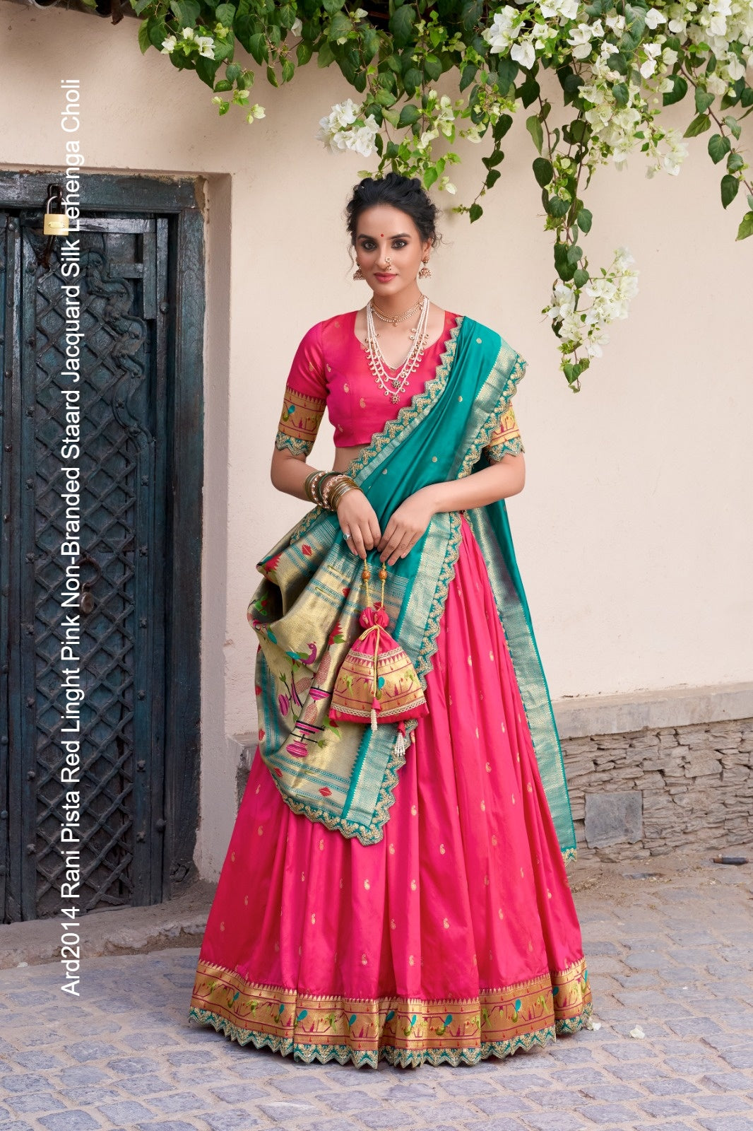 Ard2014 Rani Pista Red Linght Pink Non-Branded Staard Jacquard Silk Lehenga Choli