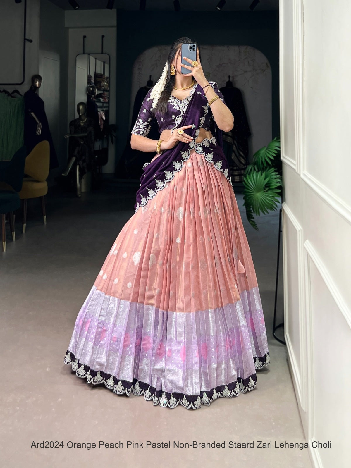 Ard2024 Orange Peach Pink Pastel Non-Branded Staard Zari Lehenga Choli