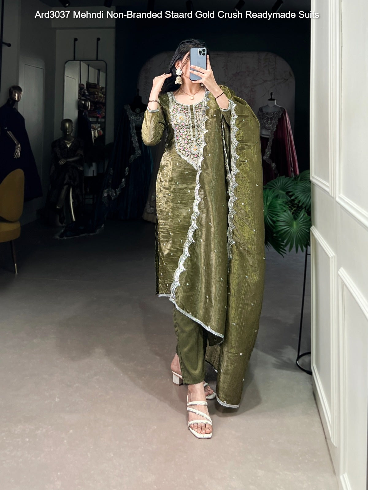 Ard3037 Mehndi Non-Branded Staard Gold Crush Readymade Suits