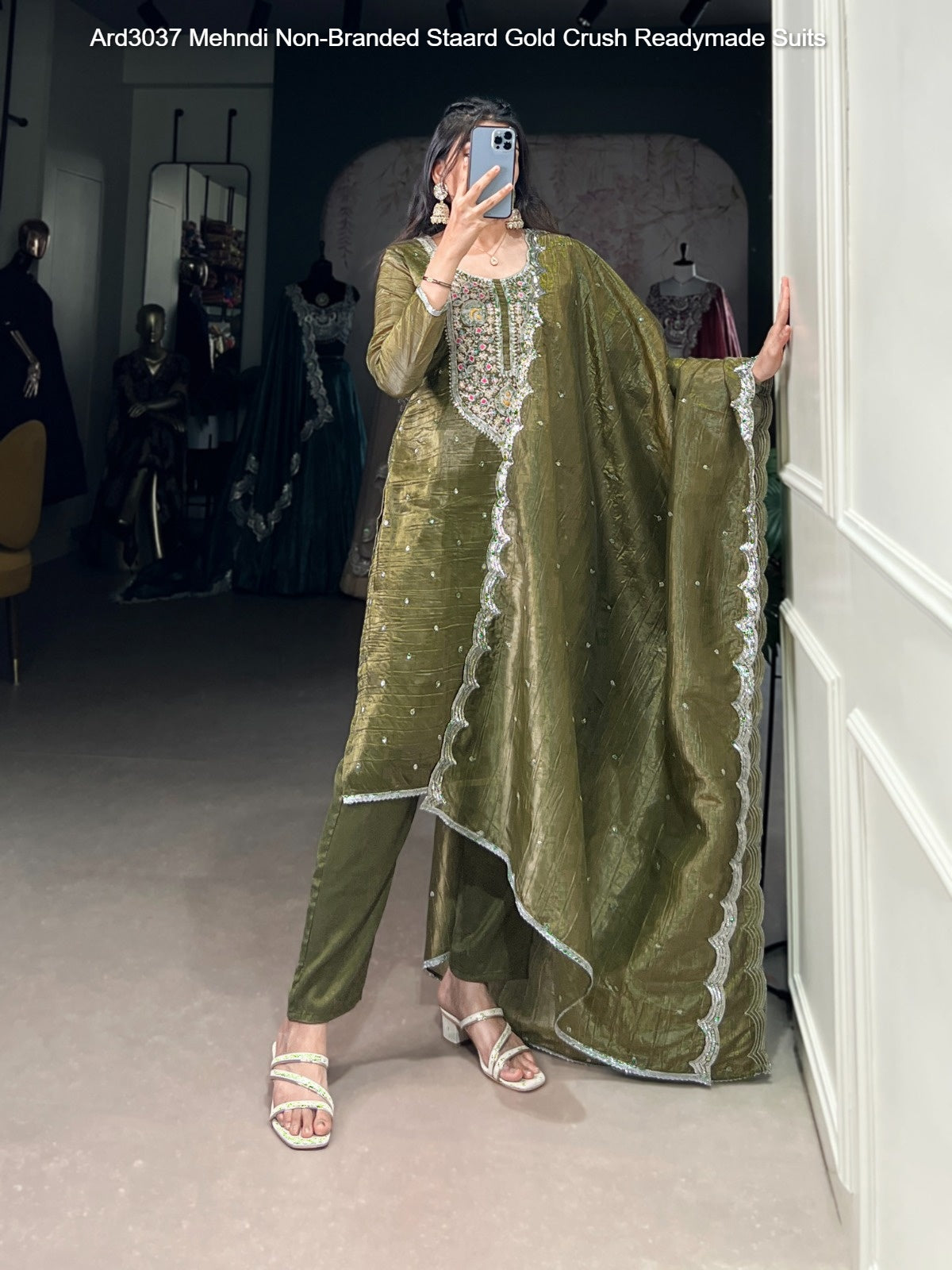 Ard3037 Mehndi Non-Branded Staard Gold Crush Readymade Suits