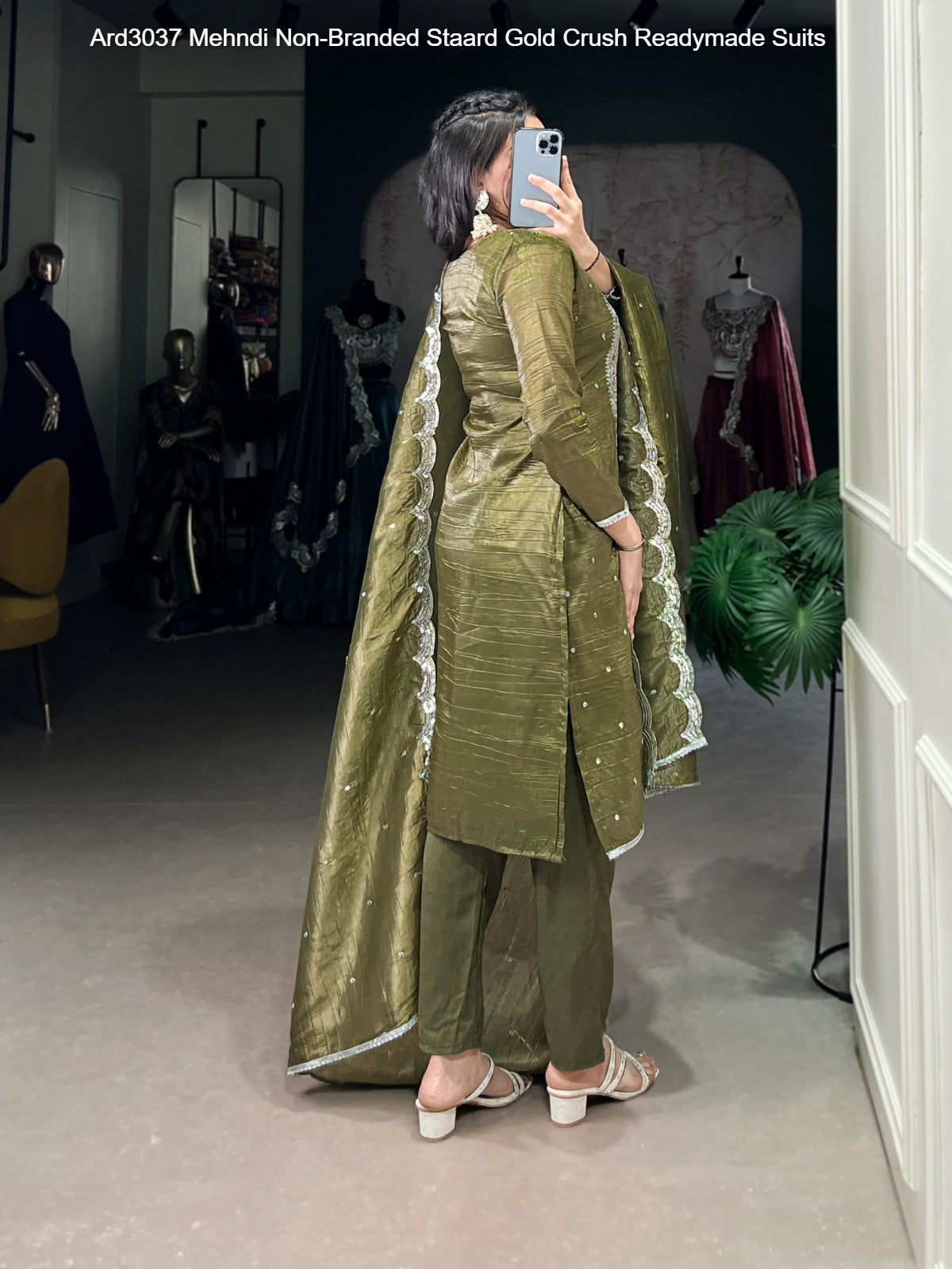 Ard3037 Mehndi Non-Branded Staard Gold Crush Readymade Suits