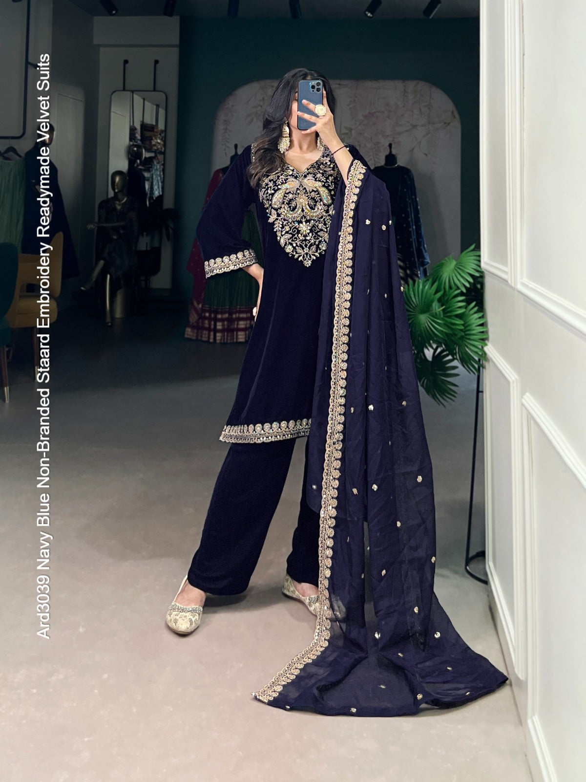 Ard3039 Navy Blue Non-Branded Staard Embroidery Readymade Velvet Suits