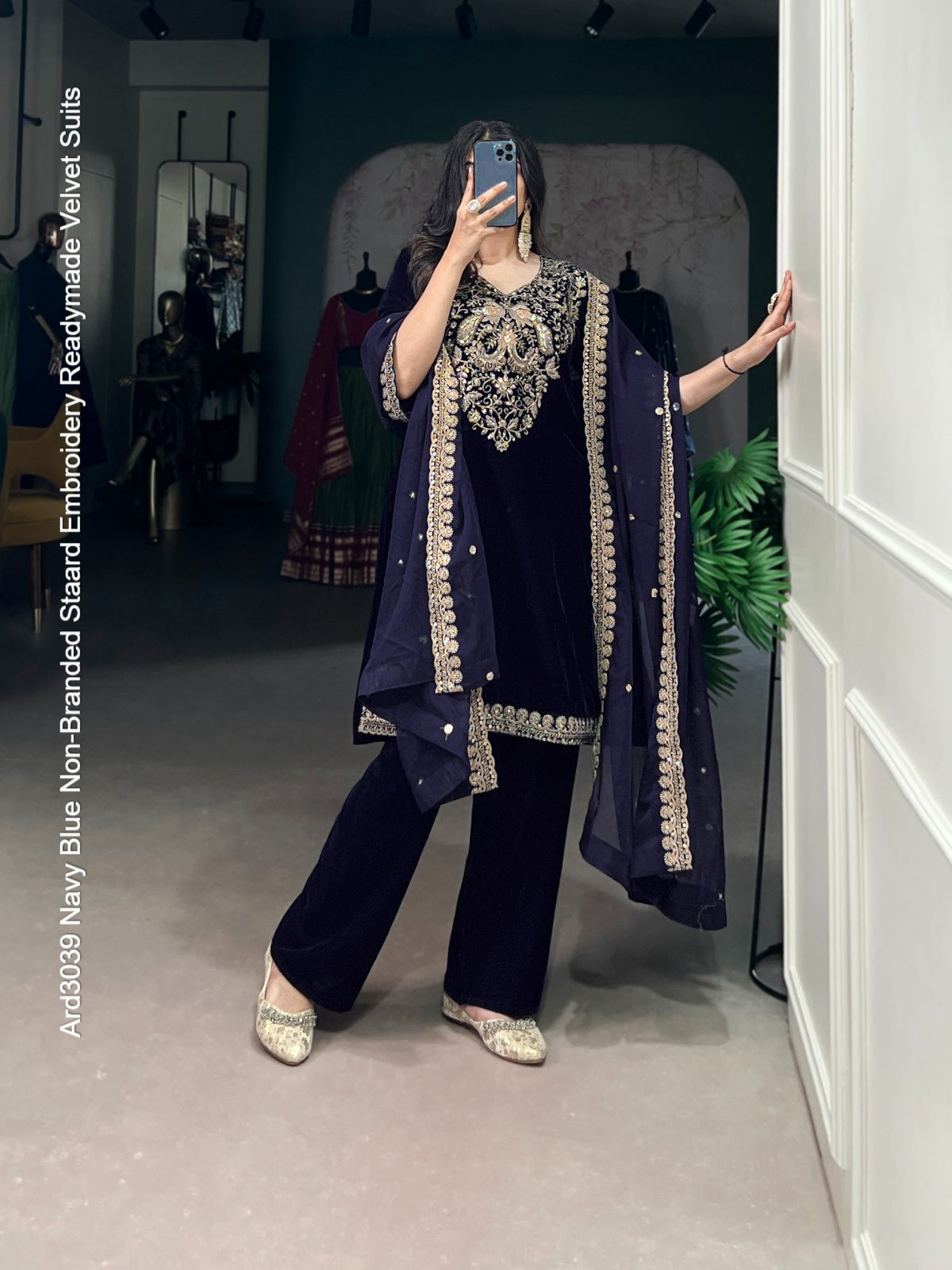 Ard3039 Navy Blue Non-Branded Staard Embroidery Readymade Velvet Suits