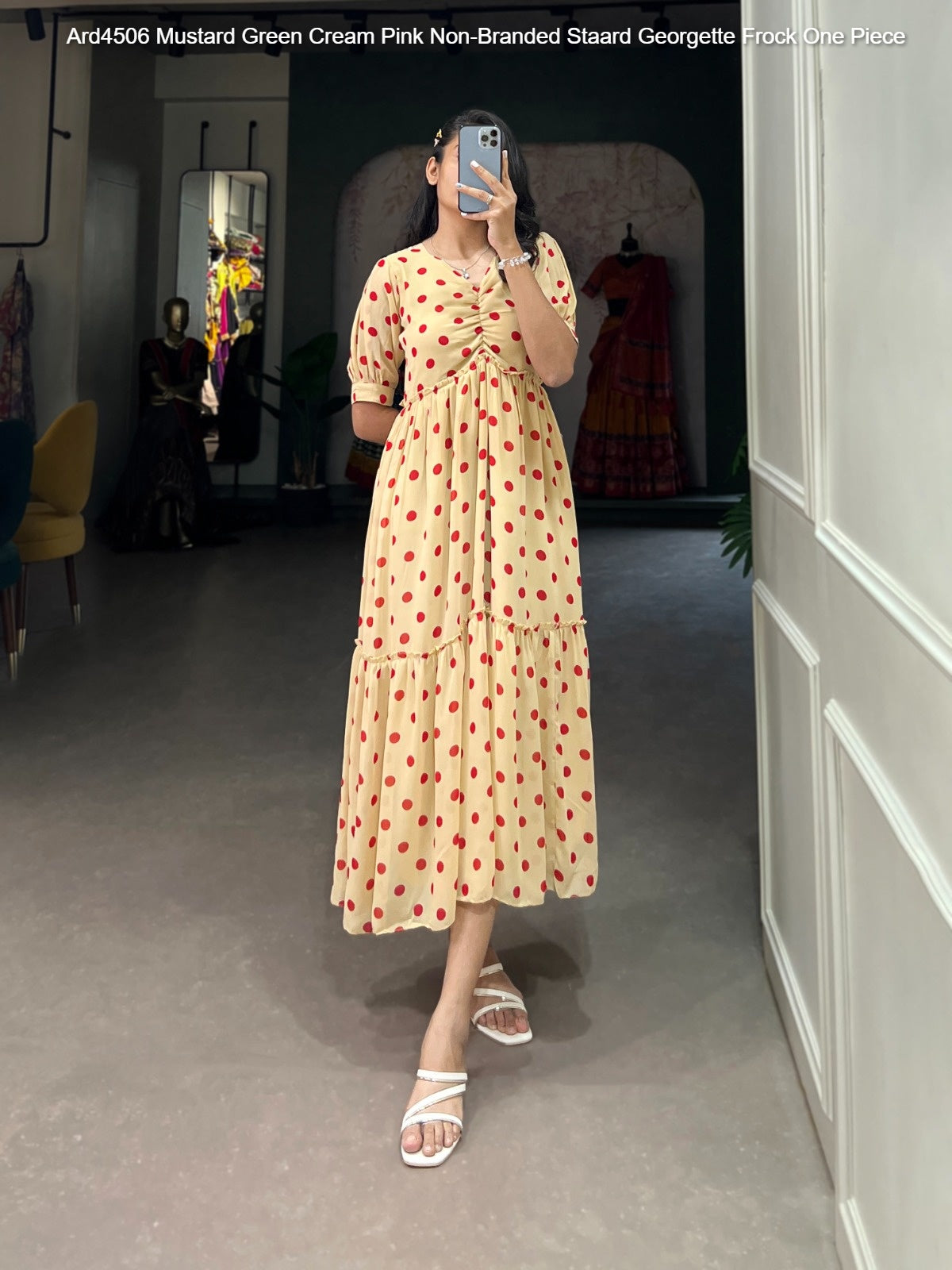 Ard4506 Mustard Green Cream Pink Non-Branded Staard Georgette Frock One Piece