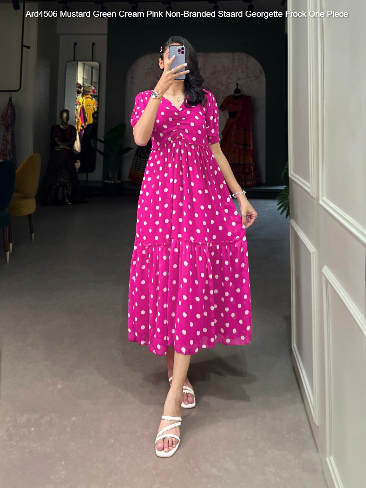 Ard4506 Mustard Green Cream Pink Non-Branded Staard Georgette Frock One Piece