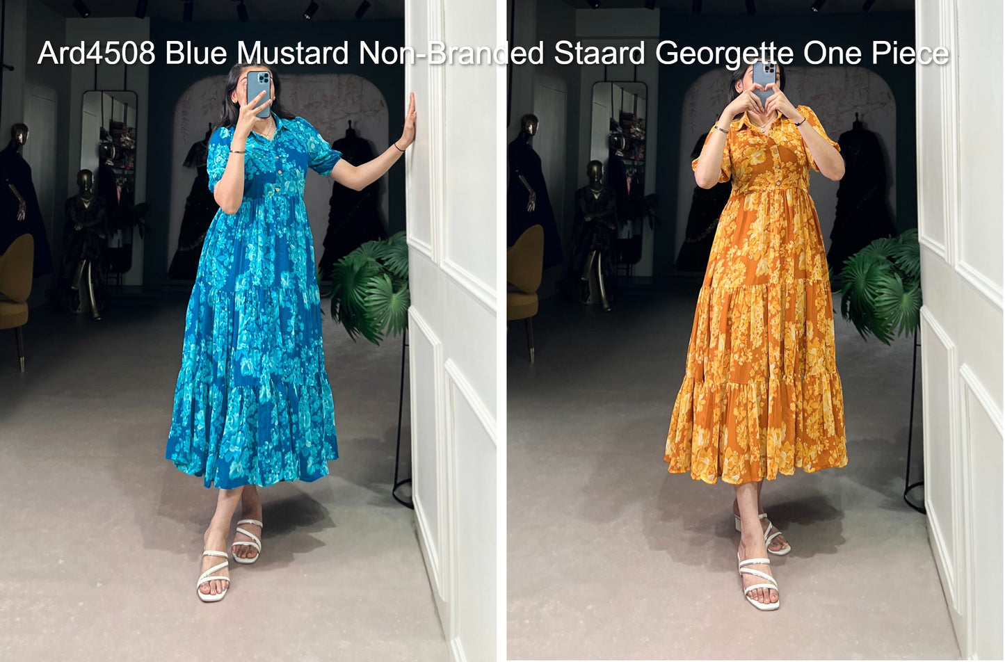Ard4508 Blue Mustard Non-Branded Staard Georgette One Piece