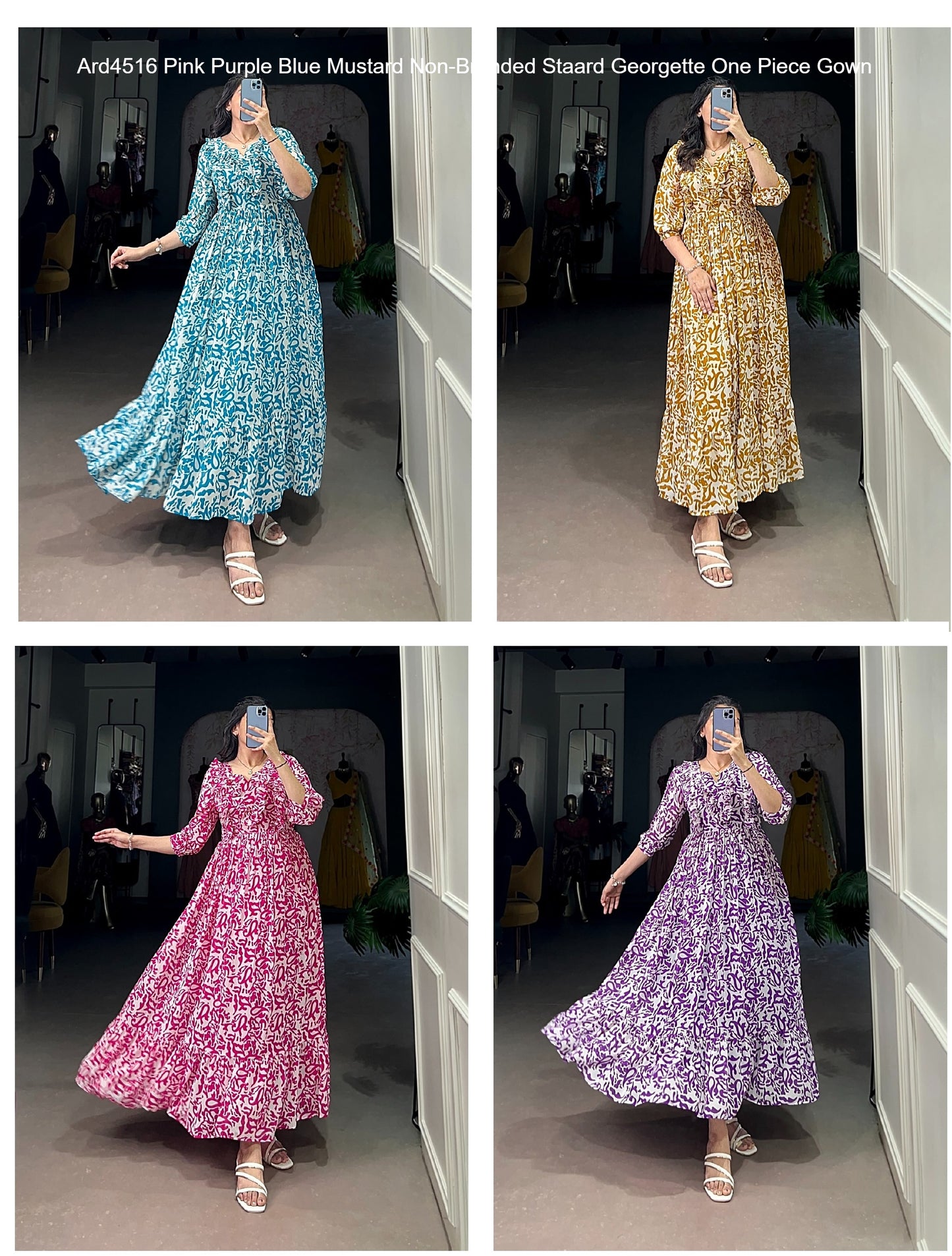 Ard4516 Pink Purple Blue Mustard Non-Branded Staard Georgette One Piece Gown