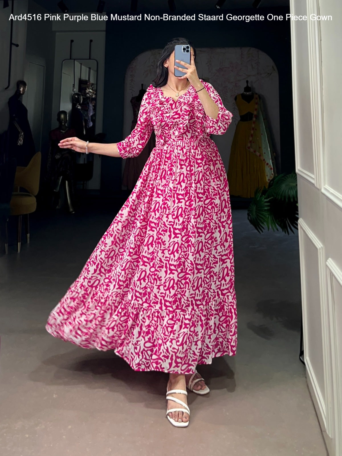 Ard4516 Pink Purple Blue Mustard Non-Branded Staard Georgette One Piece Gown