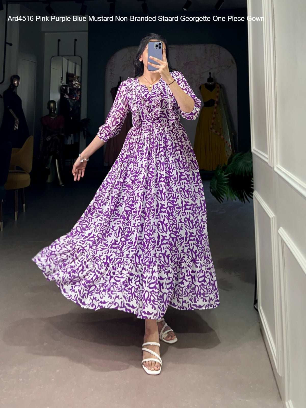 Ard4516 Pink Purple Blue Mustard Non-Branded Staard Georgette One Piece Gown