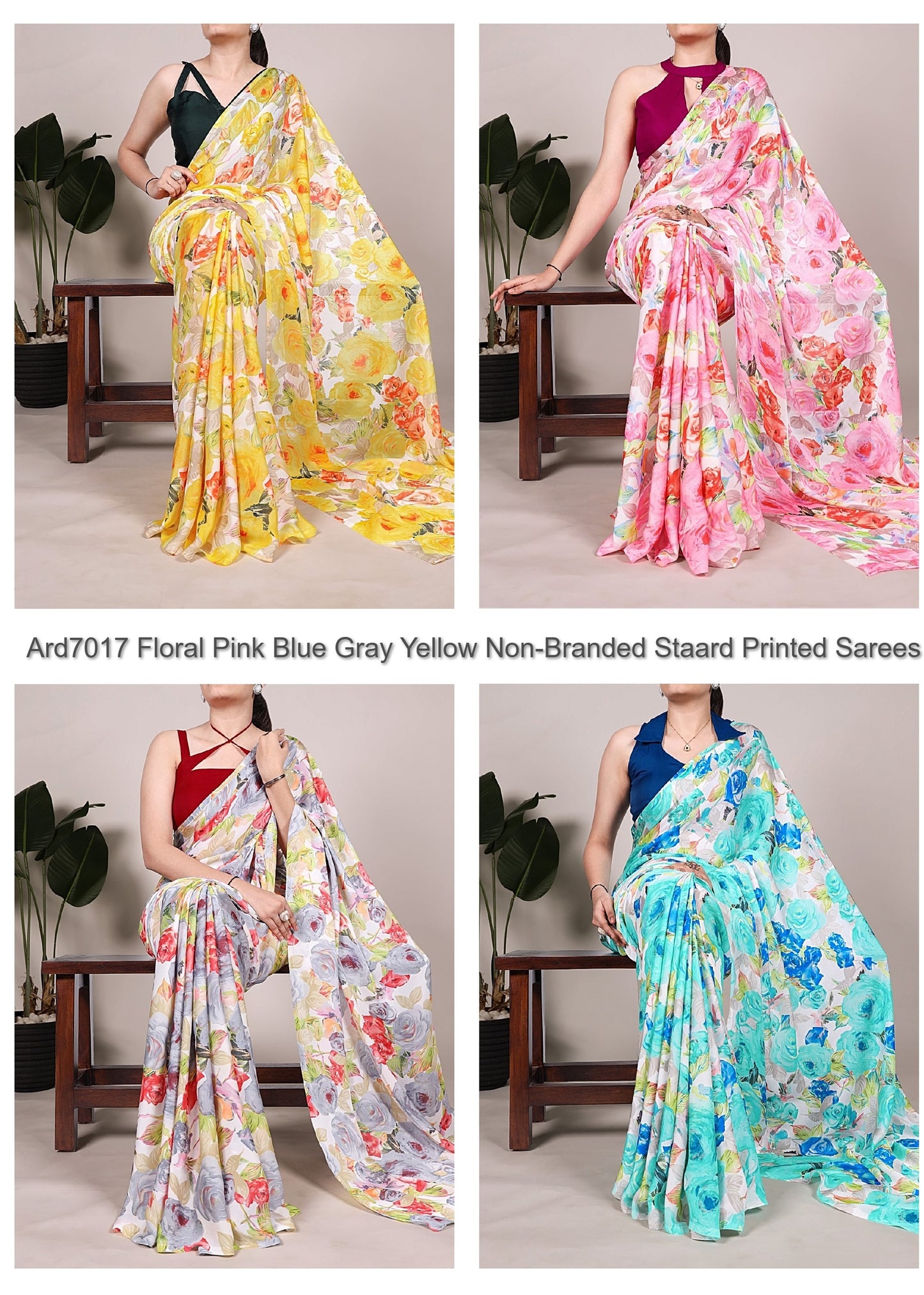 Ard7017 Floral Pink Blue Gray Yellow Non-Branded Staard Printed Sarees