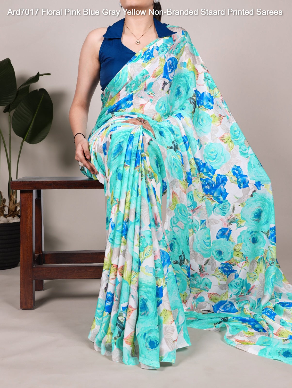 Ard7017 Floral Pink Blue Gray Yellow Non-Branded Staard Printed Sarees