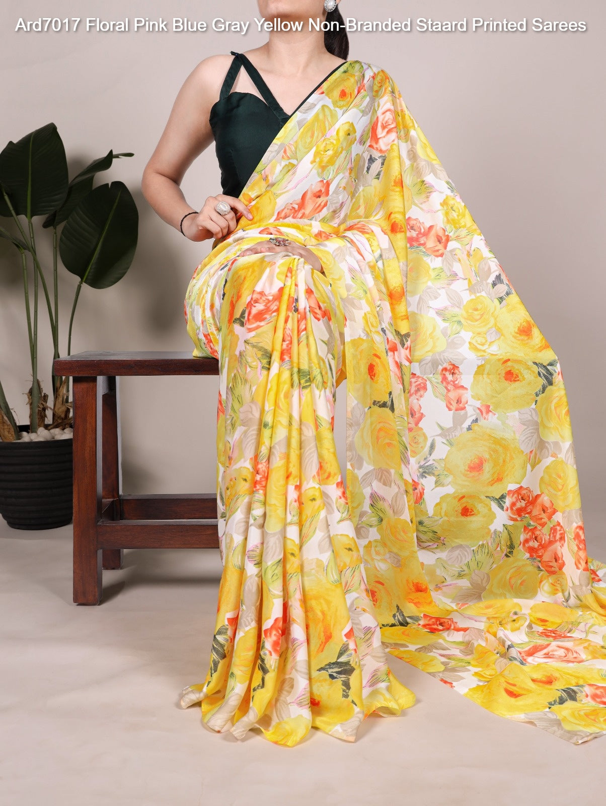Ard7017 Floral Pink Blue Gray Yellow Non-Branded Staard Printed Sarees