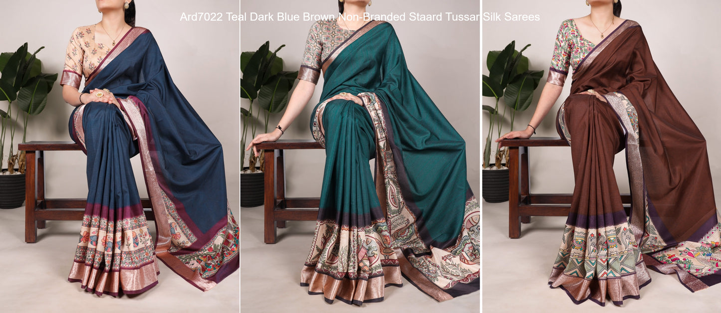 Ard7022 Teal Dark Blue Brown Non-Branded Staard Tussar Silk Sarees
