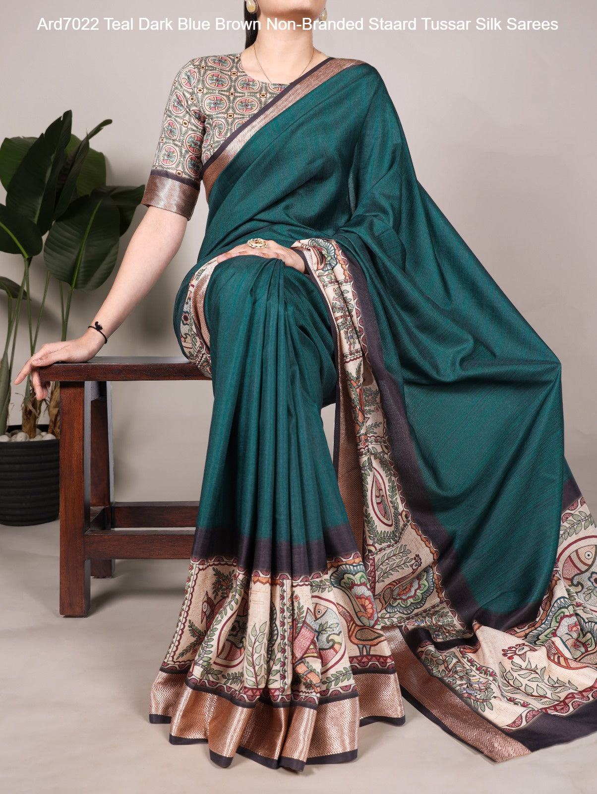 Ard7022 Teal Dark Blue Brown Non-Branded Staard Tussar Silk Sarees