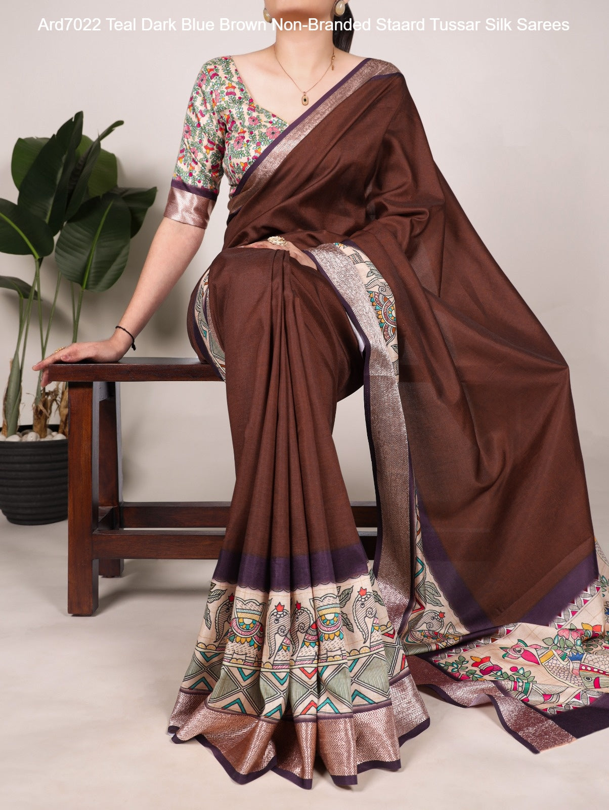 Ard7022 Teal Dark Blue Brown Non-Branded Staard Tussar Silk Sarees