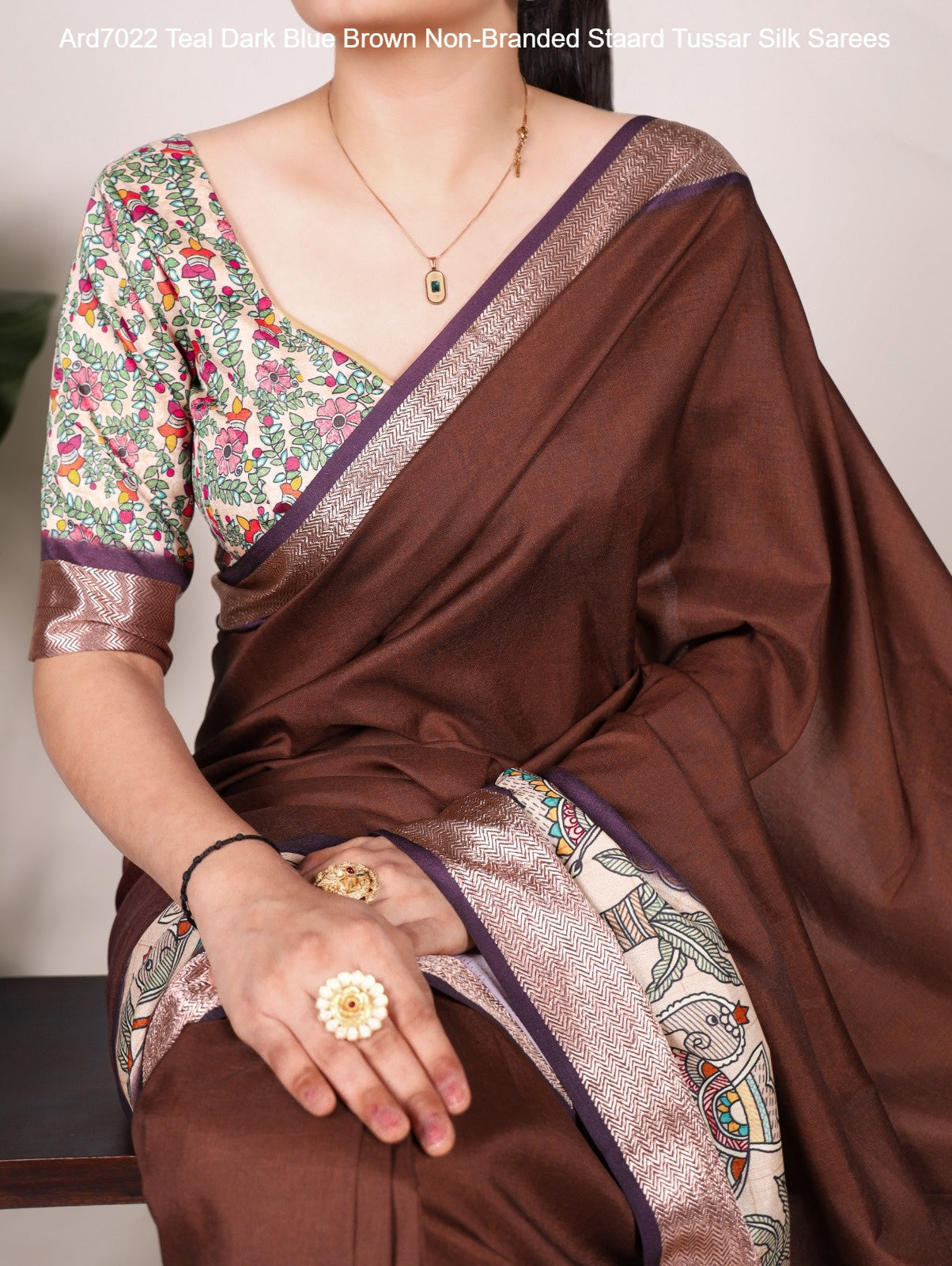 Ard7022 Teal Dark Blue Brown Non-Branded Staard Tussar Silk Sarees