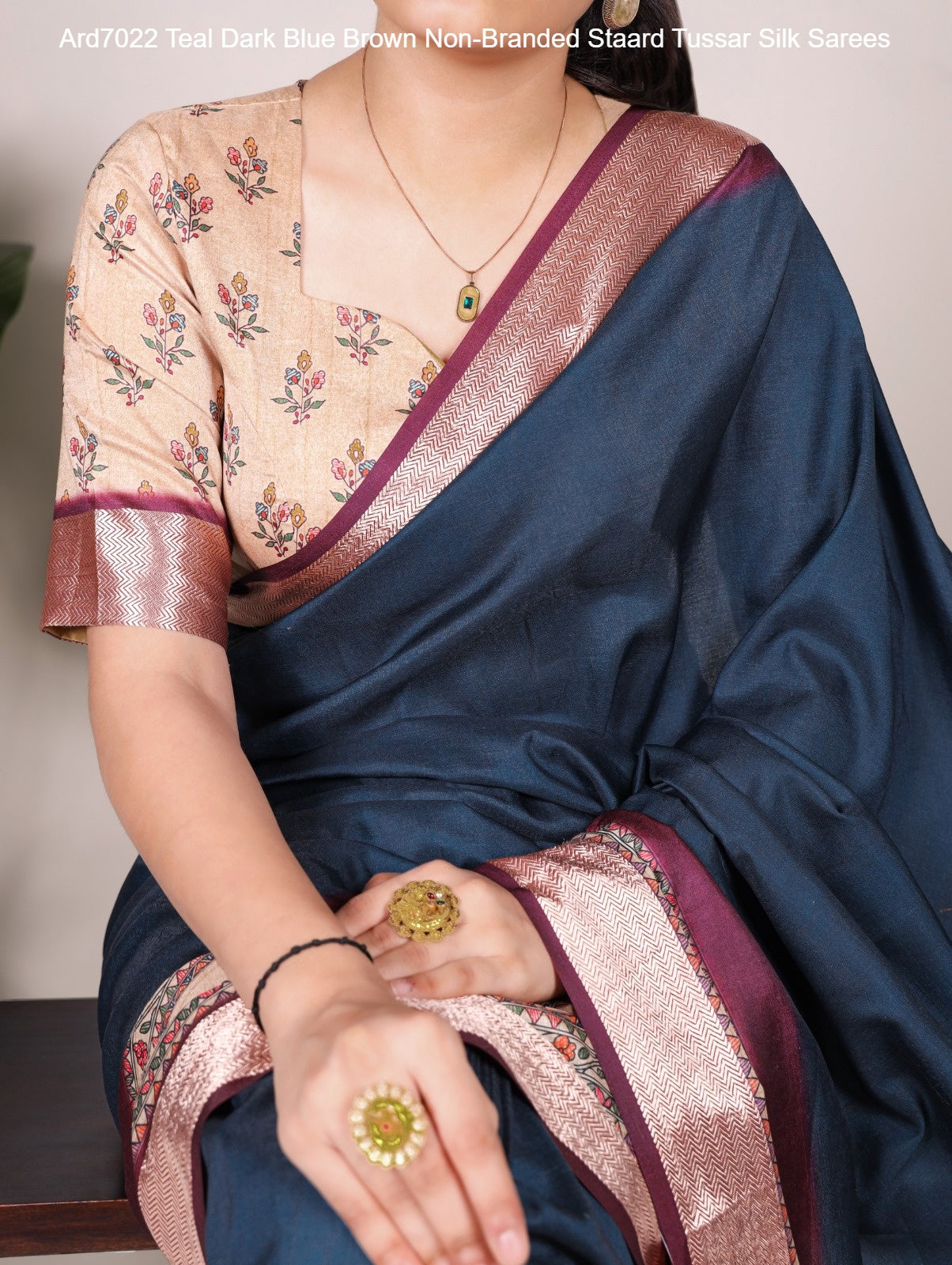 Ard7022 Teal Dark Blue Brown Non-Branded Staard Tussar Silk Sarees