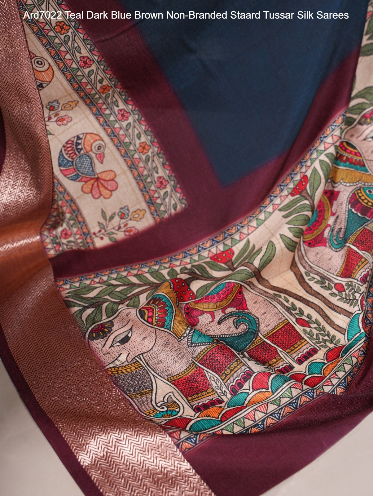 Ard7022 Teal Dark Blue Brown Non-Branded Staard Tussar Silk Sarees