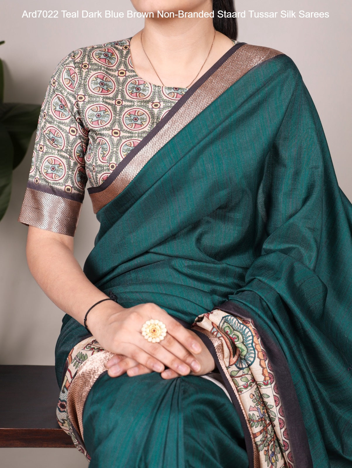 Ard7022 Teal Dark Blue Brown Non-Branded Staard Tussar Silk Sarees