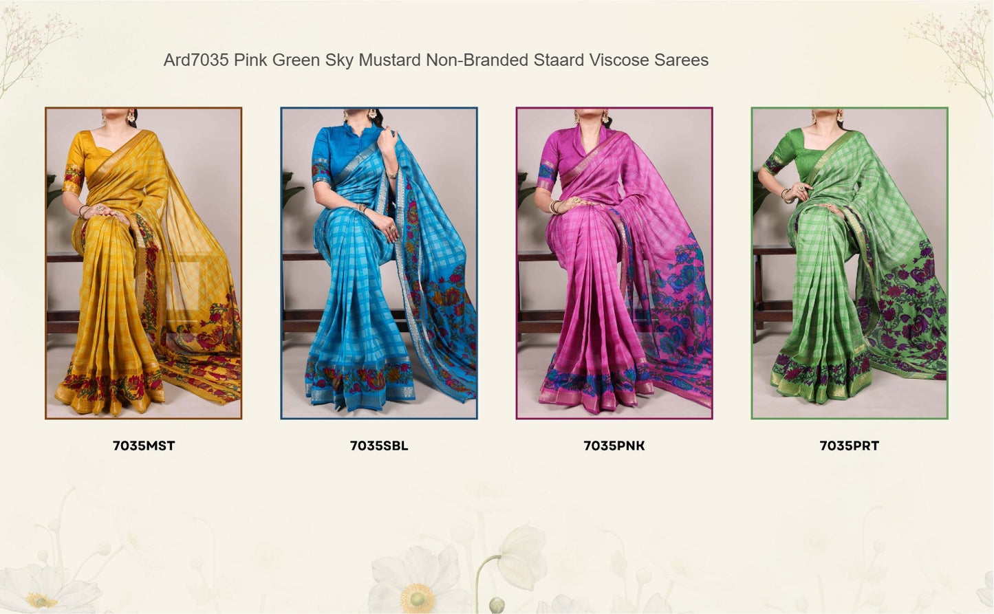 Ard7035 Pink Green Sky Mustard Non-Branded Staard Viscose Sarees