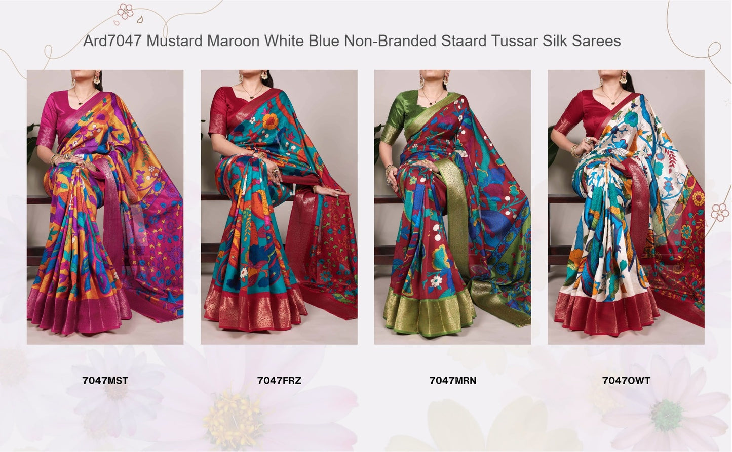 Ard7047 Mustard Maroon White Blue Non-Branded Staard Tussar Silk Sarees