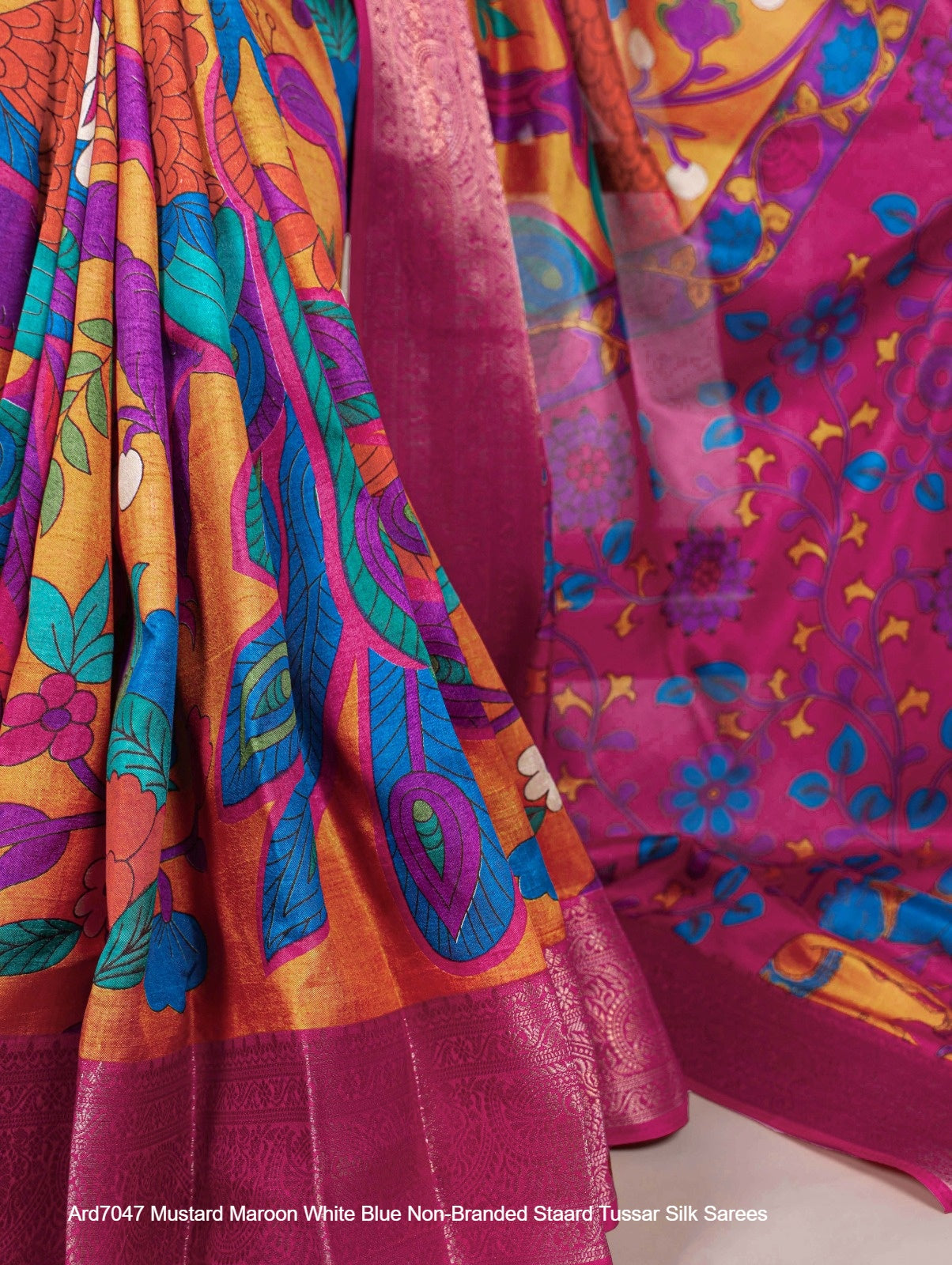 Ard7047 Mustard Maroon White Blue Non-Branded Staard Tussar Silk Sarees